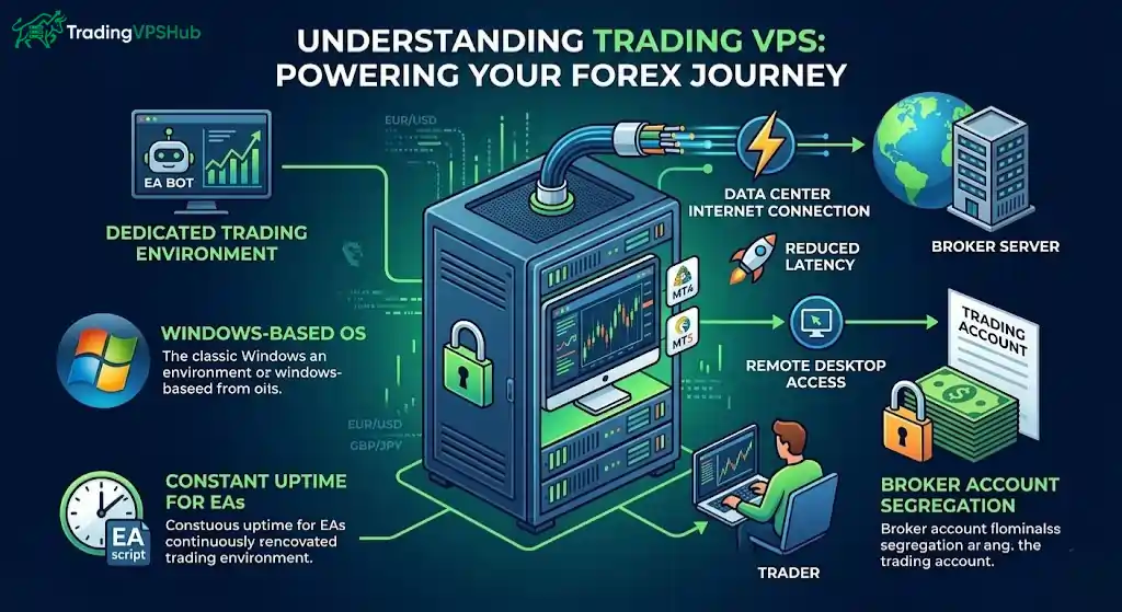 What Is a Forex VPS? Complete Guide for Traders (2026) 3 Remote VPS running automated Forex trading platforms
