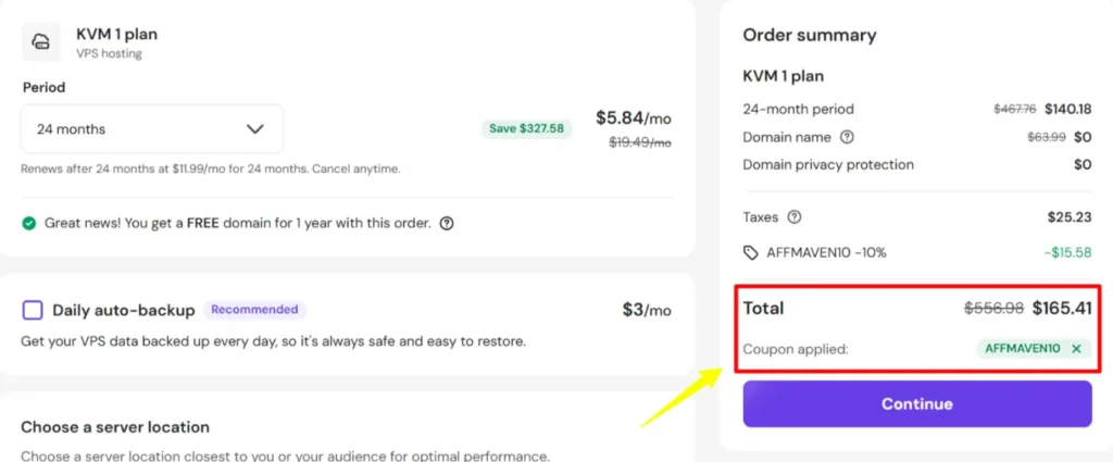Hostinger VPS Coupon: 10% Off on KVM Plans + Free Backups 6 Enter the code AFFMAVEN10 on Hostinger VPS