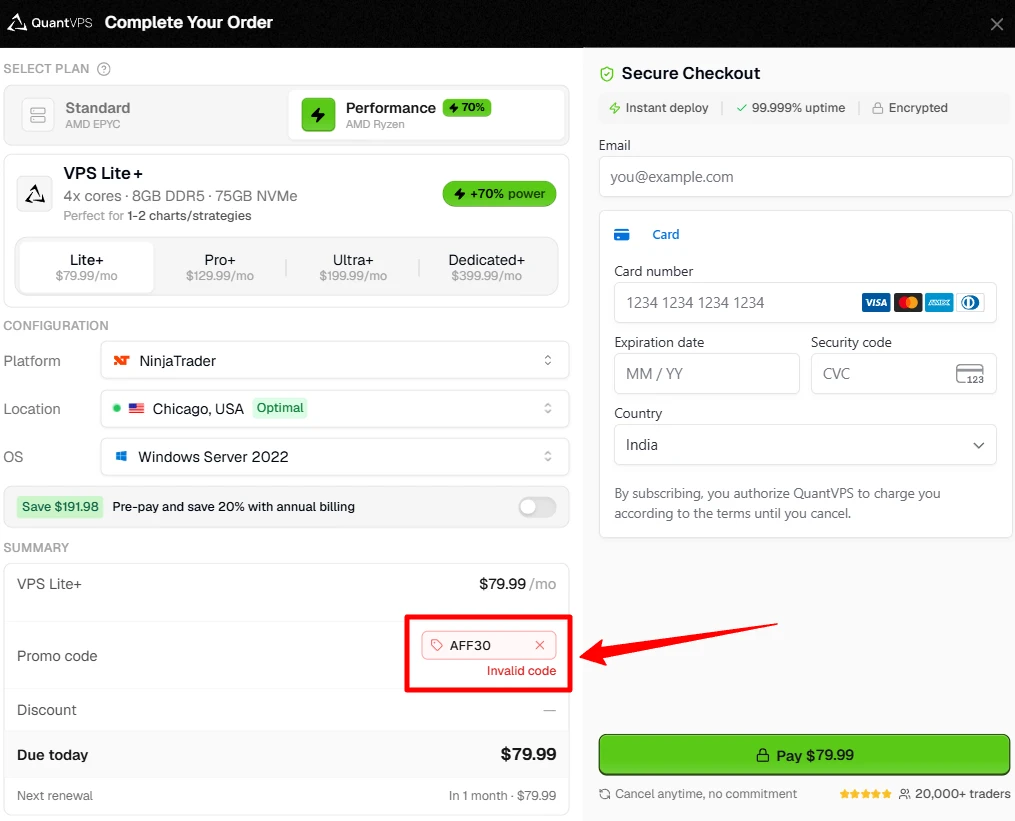 Pick QuantVPS plan and apply AFF30