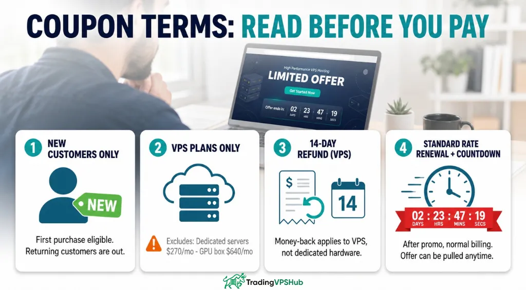 ForexVPS.net Coupon 2026: Code EXTRA20OFF Cuts VPS Prices by 36% 7 VPS coupon terms, renewal rates, and refund limits